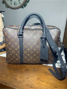Luxury Monogram Canvas Laptop Briefcase in Brown with Black Trim
